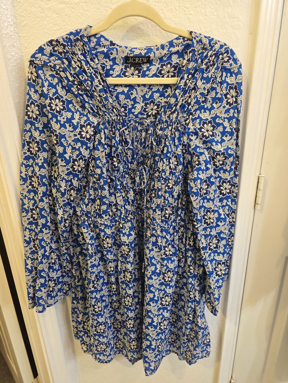 J. Crew Blue and White Floral Smocked Tunic